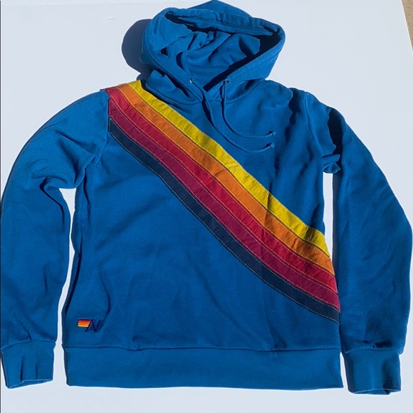 Aviator Nation Blue Hoodie with Rainbow Stripes - Picture 2 of 11